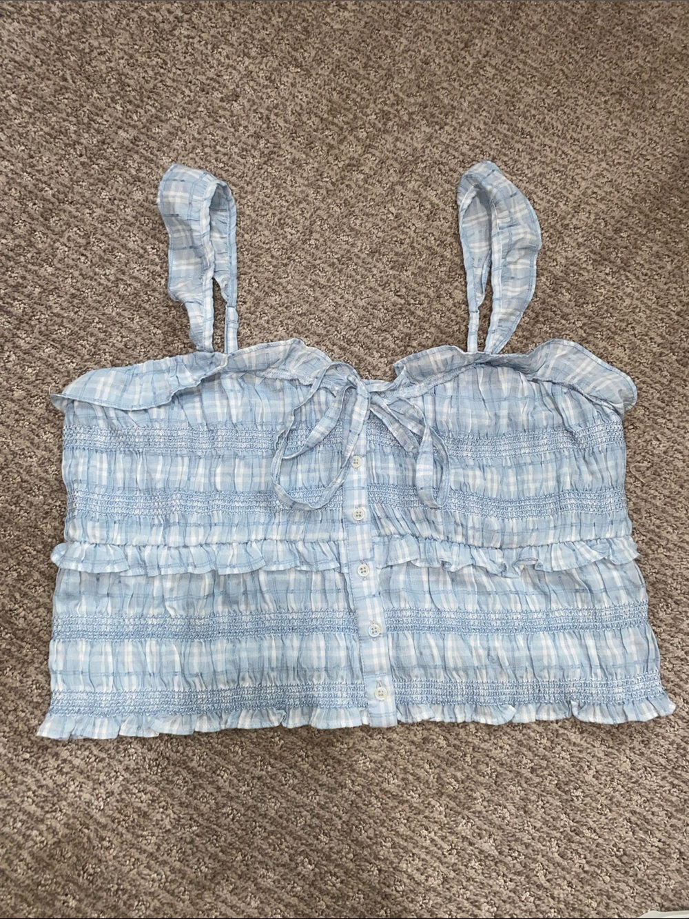 American Eagle Light Blue Smocked Tie-Front Crop Top - Women